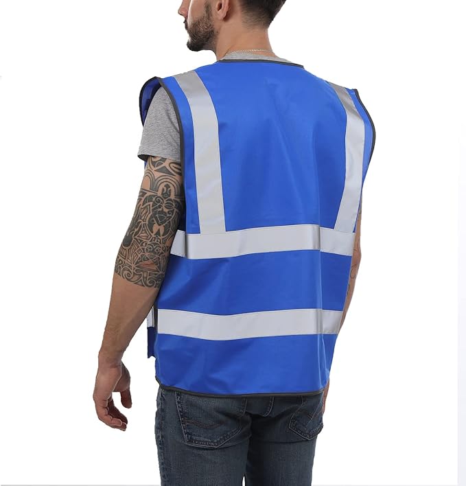 Dib Safety Reflective Vest High Visibility with Pockets and Zipper, Blue L