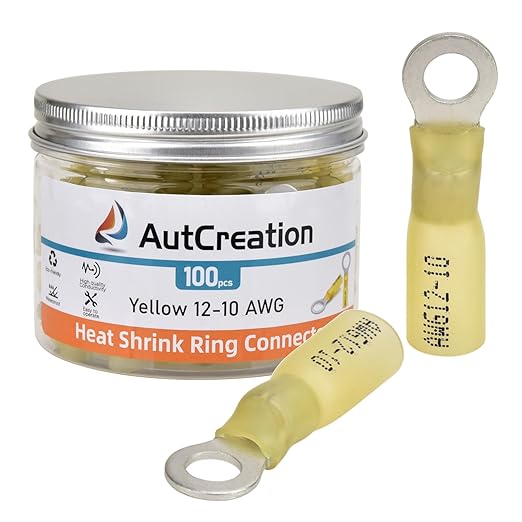 AutCreation 100PCS Heat Shrink Ring Terminals #10 Yellow 12-10 AWG Marine Grade Electrical Wire Connectors, Tinned Red Copper Resistant Ring Connectors, Insulated Waterproof Crimp Terminals