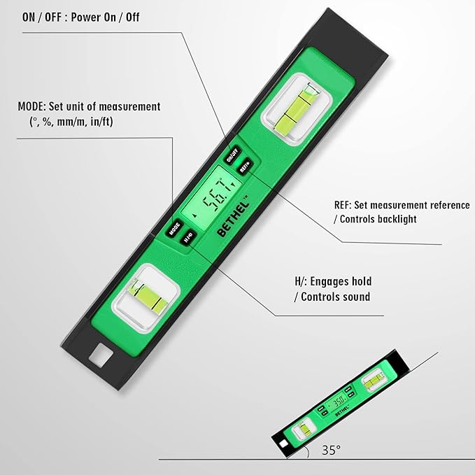 BETHEL Digital Torpedo Level -10 Inch IP54 Digital Magnetized Level Protected Electronic Bubble Inclinometer/Angle Finder/LED Display & V-Groove Base (10 Inch, Green)