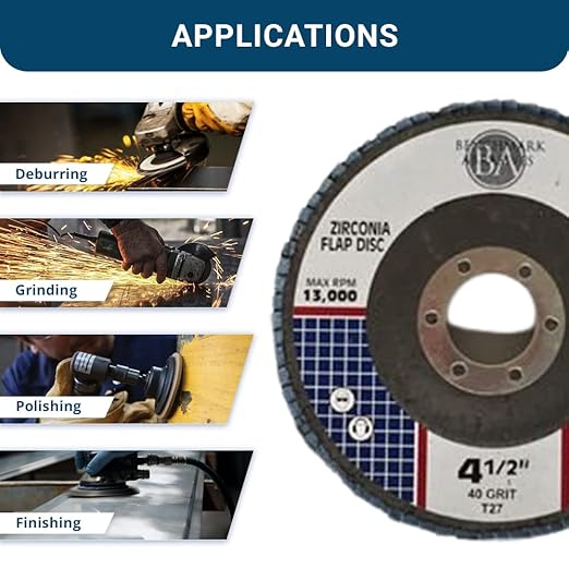 Benchmark Abrasives 4.5" Premium Zirconia Type 27 Flat Flap Discs Grinding Wheels for Sanding Stock Rust Removal Finishing Grinding Deburring Stainless Steel, 7/8" Arbor (100 Pack) - 40 Grit