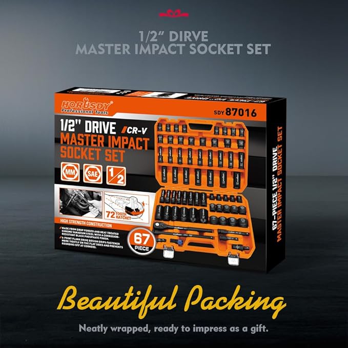 HORUSDY 1/2" Drive Impact Socket Set, 67 Piece, SAE (3/8" to 1-1/4") and Metric (8-24mm), 6 Point, Cr-V, Includes 1/2-Inch Drive Ratchet Handle, Extension Bar, Universal Joint and Adapter