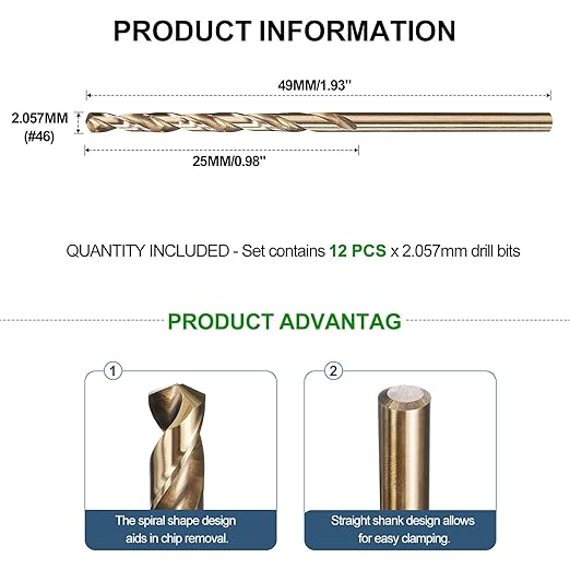 METALLIXITY Drill Bit (#46) 12Pcs, M2 High-Speed Steel Micro Number Bits Spiral Flute 135°Point Tip Gold Finish for Stainless Steel Iron Copper Aluminum Hard Metal