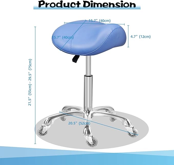 Saddle Stool Rolling Ergonomic Swivel Chair for Dental Office Massage Clinic Spa Salon,Adjustable Hydraulic Stool with Wheels (Without Backrest, Blue)