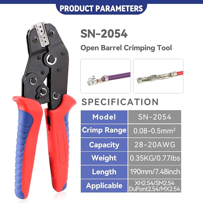 HKS 28–20 AWG Ratcheting Open-Barrel Crimping Tool for JST XH/SM/PH, Molex KK/PicoBlade, O-Shape Crimp for Dupont 2.54 mm, D-Sub & U-Barrel – HKS SN-2054