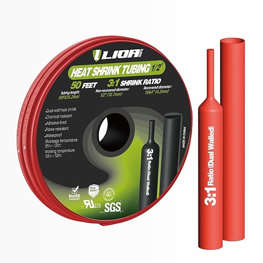 Heat Shrink Tubing 50 Feet Roll, 3:1 Ratio Adhesive Lined Marine Grade Shrink Wrap Tubing,Industrial Heat Shrink Tube Electrical (1, Red, 50ft-Dia-1/2")