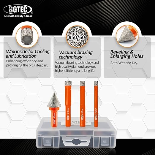 Dry Diamond Drill Bit Set - BGTEC 3pcs 3/8" 10mm Hole Saw and 1pc 4/5" Dimaond Chamfer bit for Granite Marble Porcelain Ceramic,Vacuum Brazed Diamond Core Drill Bit Kit