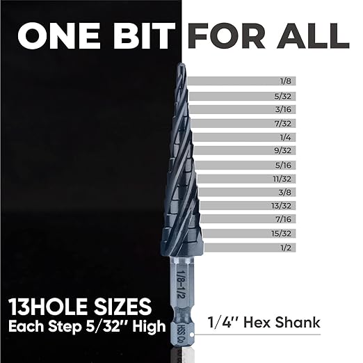 toolant Four Spiral Flute Cobalt Step Drill Bit(Pro), 1/8"-1/2" Impact Ready Unibit Step Drill Bit, 1/4" Hex Shank Unibit for Metal, Stainless Steel, Aluminum, Plastic