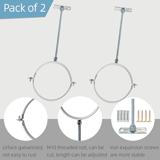 2 Sets 10 Inch Adjustable Pipe Bracket，Heavy Duty Galvanized Iron Stove Pipe Hanger Strap，Wall Support Chimney Pipe Holder，Round Split Ring Vent Conduit Carrier Kit，with All Mounting Screws