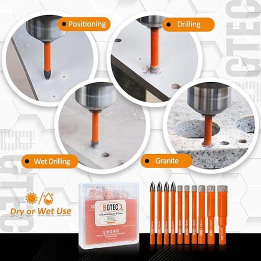 BGTEC Dry Diamond Drill Bits Set - 6/6/6/8/10/12mm Tile Drill Bits and 4pcs 1/4" 6mm Carbide Drill for Granite Marble Porcelain Ceramic