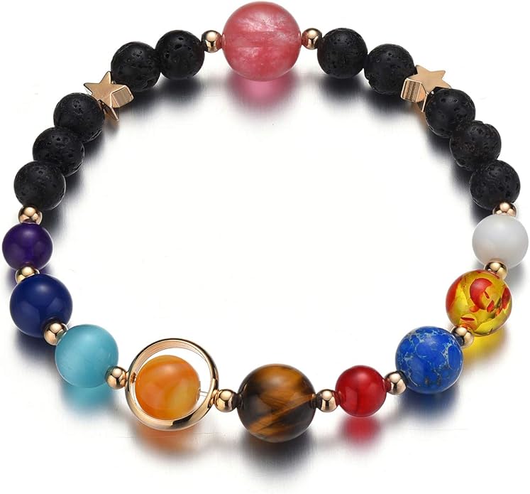 Women Stone Bead Charm Bracelet Universe Galaxy the Eight Planets Nine Planets by MENGLINA