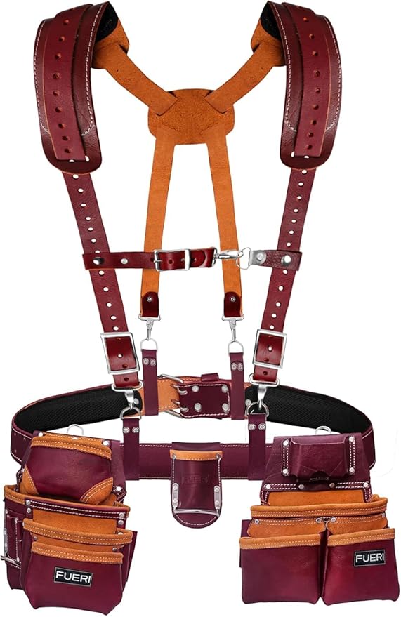 Heavy Duty 19 Pocket Leather Tool Belt with Suspender Multipurpose Pockets Work Organizer Pouch Framing Fat Lip Tool Holder for Carpenter, Construction, Handyman, and Electrician Tool Belt Set