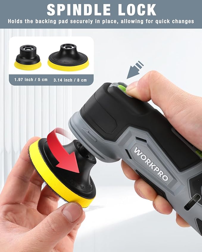 WORKPRO Cordless Mini Buffer Polisher, 12V Buffer Polisher for Car Detailing, 5 Variable Speed Up to 3000RPM, Compact Cordless Polisher Kit for Waxing, DIY Projects, Furniture Polishing