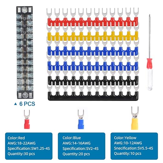 73Pcs(6Sets) Terminal Block Set, 6Pcs 12 Positions 600V 15A Dual Row Screw Terminal Strip Block + 6Pcs Pre-Insulated Terminals Barrier Strip + 60Pcs Insulated Fork Wire Connector by CGele…