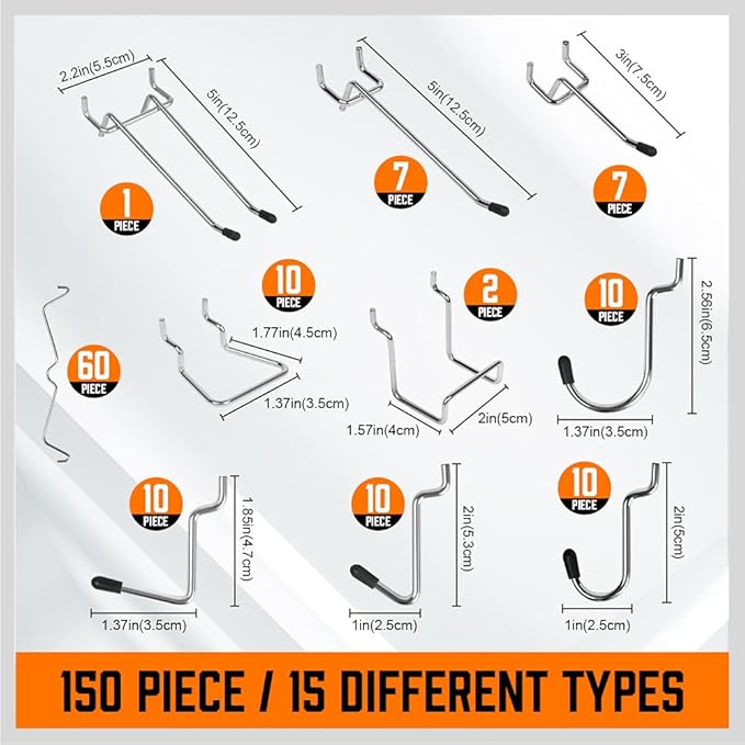 HORUSDY 150-Piece Pegboard Hooks Assortment, Pegboard Accessories with Pegboard Bins for Organizing Various Tools