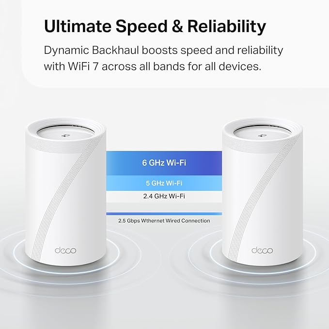 TP-Link Deco BE63 Tri-Band WiFi 7 BE10000 Whole Home Mesh System - 6-Stream 10 Gbps, 4x2.5G Ports Wired Backhaul, 4X Smart Internal Antennas, VPN, MU-MIMO, HomeShield, Free Expert Support (3-Pack)