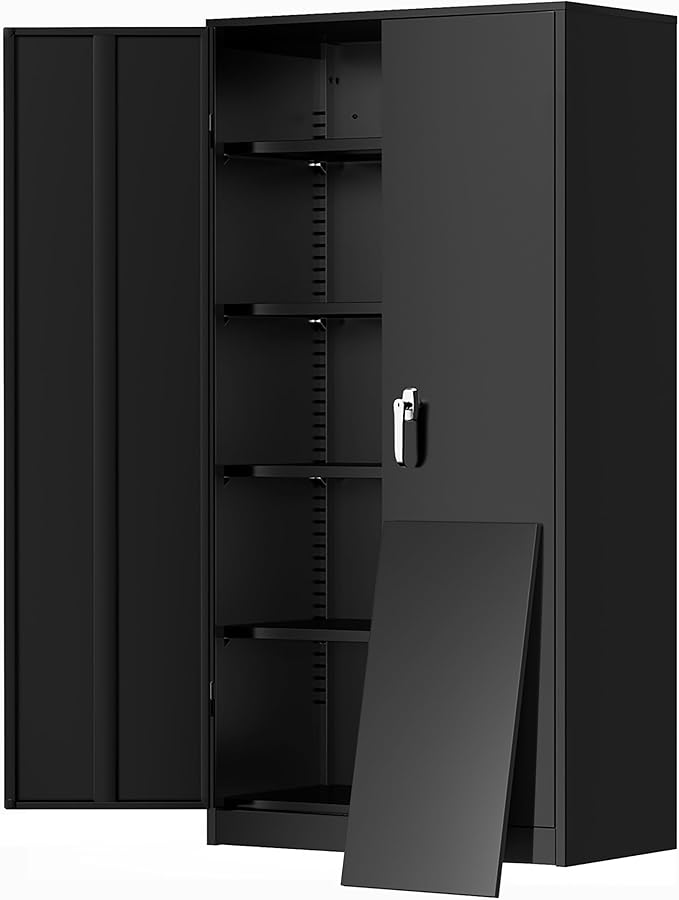 Greenvelly Metal Garage Storage Cabinet, 72” Locking Black Tool Steel Cabinet with Doors and 4 Shelves, Tall Metal Cabinets with Garage Storage Systems for Home Office, Kitchen/Pantry