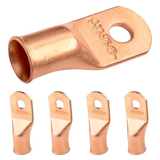 SELTERM 3/0 AWG - 5/16" (M8) ⌀ Hole UL Heavy Duty Wire Lugs, Battery Cable Ends, Bare Copper Eyelets, Tubular Ring Terminal Connectors [B85] - 5 Pack