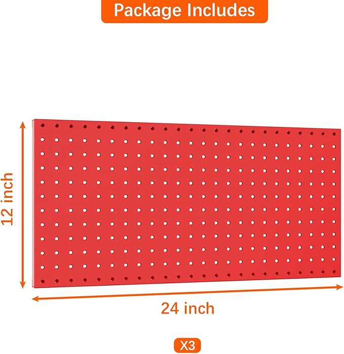 TORACK 3Pcs Metal Pegboard Panels(12x24 inch) for Wall Garage Tools Storage Pegboard System for Workbench, Modular Peg Board Tool Organizer Board Kit(Pack of 3, Red)