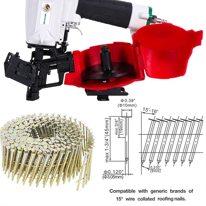 BHTOP Mexican CN45N Roofing Nailer, 15 Degree Roofing Nail Gun, 3/4-Inch to 1-3/4-Inch Coil Nails, 120-pcs Load Capacity Coil Naile (Green/Red）