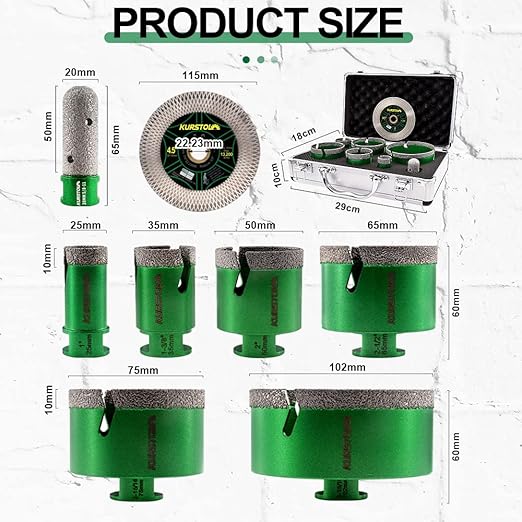 Tile Hole Saw Kit - 6pcs Diamond Core Drill Bits 25/35/50/65/75/102mm+1pc 3/4" Finger Milling Bit+1pc 4-1/2" Cutting Grinding disc 5/8-11" Thread for Porcelain Ceramic Tile Granite Marble