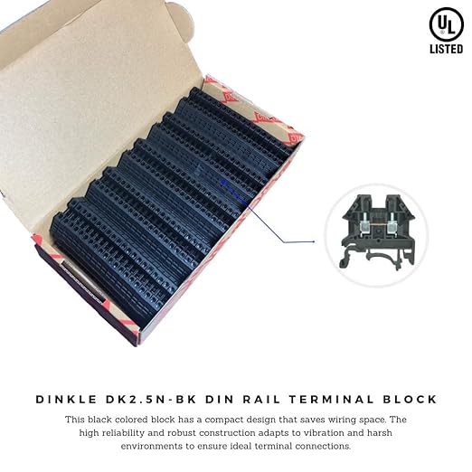 Dinkle Black DK2.5N-BK DIN Rail Terminal Block Screw Type UL 600V 20A 12-22AWG, Pack of 100