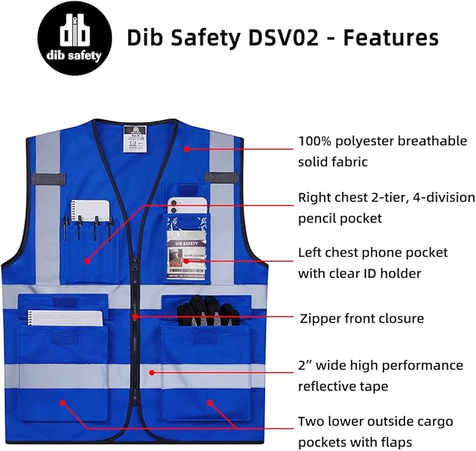 Dib Safety Reflective Vest High Visibility with Pockets and Zipper, Blue 3XL