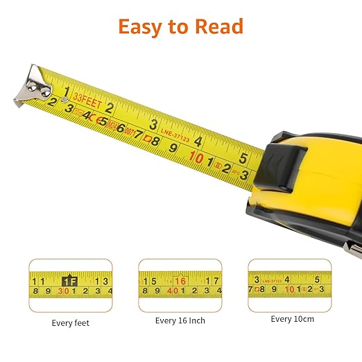 Amazon Basics Self-Locking Tape Measure, 33 feet (10 m), Inch/Metric Scale, MID Accuracy, Black, Yellow