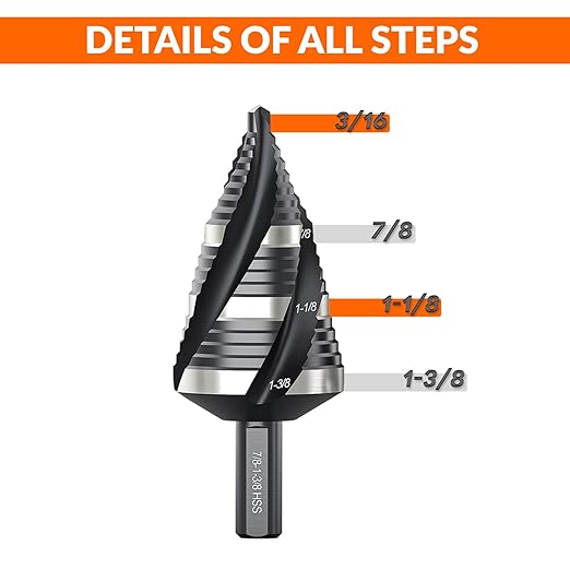 THINKWORK Four Spiral Flute Step Drill Bit, HSS Step Drill Bit3/16-1-3/8 (3 Popular Sizes) Unibit Step Drill Bit, 1/4" Shank Step Bits for Aluminum, Wood, Plastic, Metal