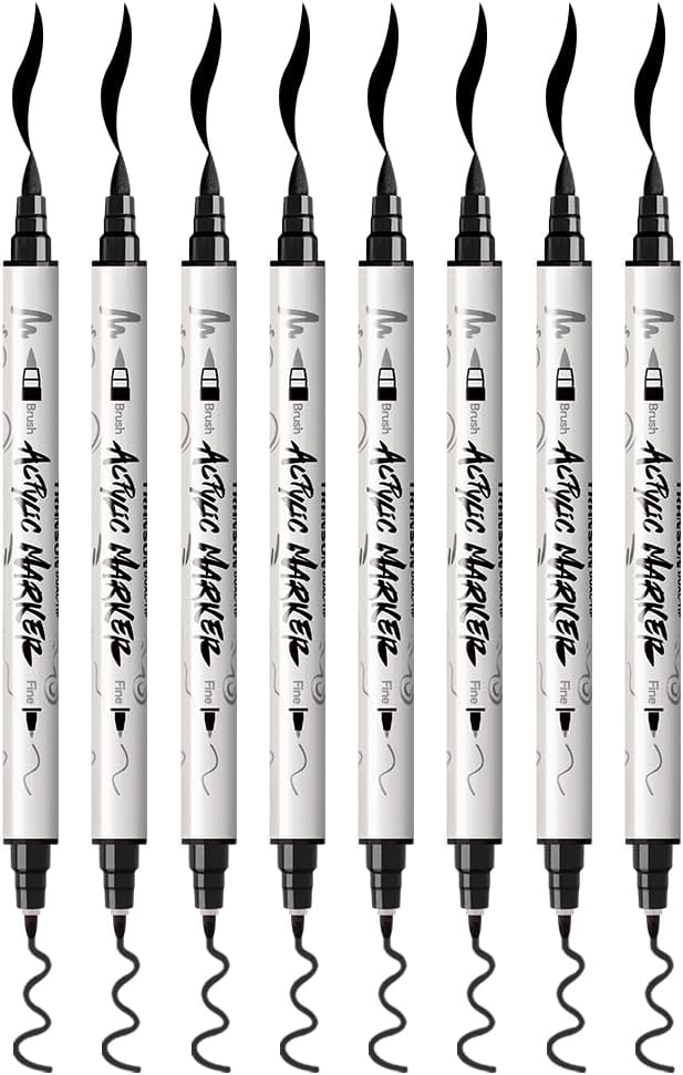 TRANSON 8 Pack Black Brush and Fine Dual-tip Acrylic Paint Marker - Image 7