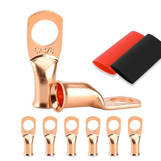 Battery Cable Ends, 8PCS 6 Gauge Wire Connectors 3/8 Copper Wire Lugs, Bare Copper Eyelets with Heat Shrink Tubing