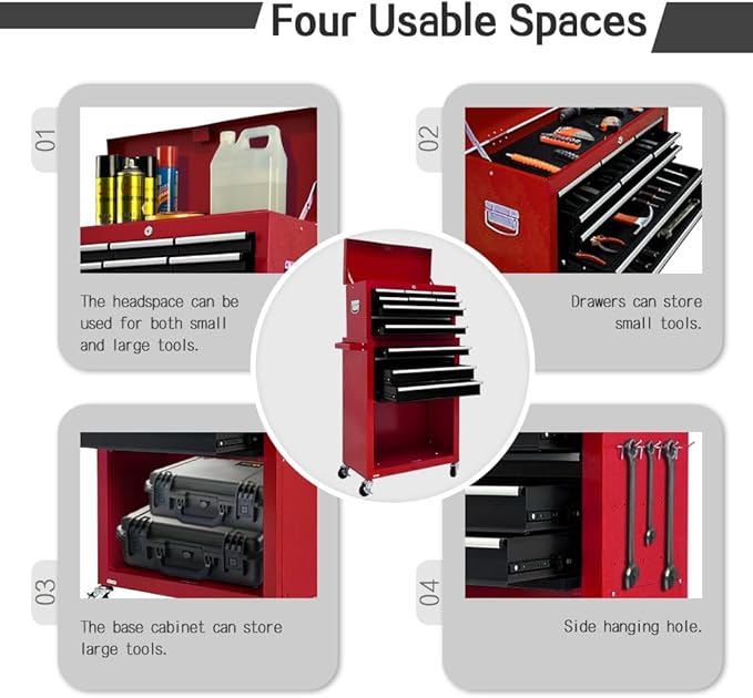 Kirmoasl 13-Drawer Rolling Tool Chest,Large Tool Chest with Wheels,2 in 1 Detachable Tool Chests,Portable Tool Storage,Locking Mechanic Tool Box for Warehouse,Garage (Red&Black)