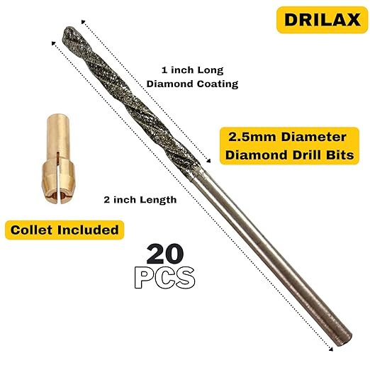 Drilax 20-Pc 2.5mm Diamond Drill Bit Set | Dremel Compatible with 1 Collet | for Glass, Sea Glass, Gems & Jewelry