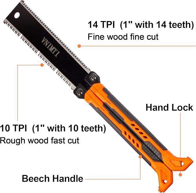 Hand Saw for Wood Cutting, 16 Inch Folding Hand Saw with SK5 Double Edged Blade, Orange