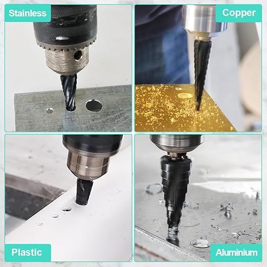 Cobalt Step Drill Bit Set - 3pcs 1/4"-3/4" 1/8"-1/2" 3/16"-7/8" Four Spiral Flute Step Drill Bit M35 with Impact Ready Unibit for Stainless Steel Metal Aluminium Copper Wood Plastic
