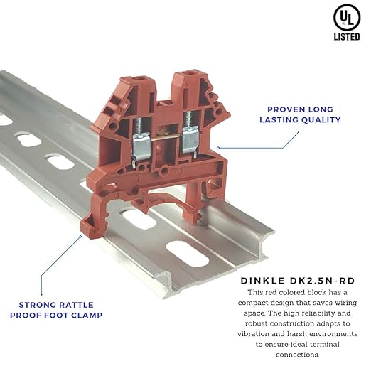 Dinkle Red DK2.5N-RD DIN Rail Terminal Block Screw Type UL 600V 20A 12-22AWG, Pack of 100