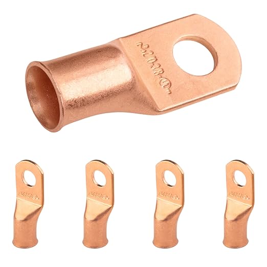 SELTERM 5pcs 2/0 AWG 3/8" Stud Copper Wire Lugs, Battery Lugs, Ring Terminals, Battery Cable Ends, 00 Gaug Ring Terminal Connectors, UL Heavy Duty Bare Copper Eyelets Battery Terminal Connectors