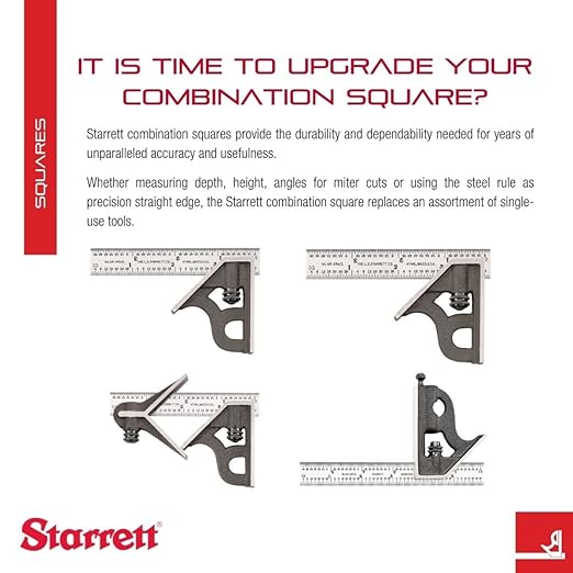 Starrett Steel Combination Square with Square Head - 18" Blade Length, Cast Iron Heads, Reversible Lock Bolt, Scriber, Spirit Level, 4R Graduation Type - 11H-18-4R