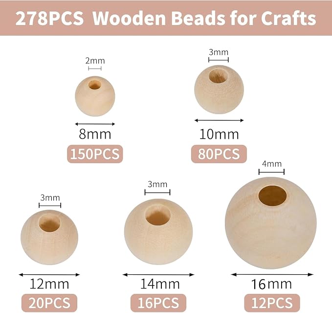 280pcs Wooden Beads for Crafts 5 Sizes Unfinished Wood Bead Bulk 8mm, 16mm - Image 2