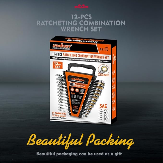 HORUSDY 12-Piece SAE Ratcheting Wrench Set | 1/4” to 7/8“ | Ratchet Combination Wrenches Set with Organizer | 72-Teeth | Chrome Vanadium Steel