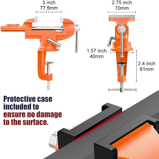 Nuovoware Table Vise 3 Inch, 360° Swivel Base Universal Home Vise Portable Bench Clamp, Clamp-on Vise Bench Clamps Fixed Tool for Woodworking, Metalworking, Cutting Conduit, Drilling, Sawing, Orange
