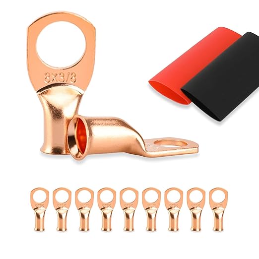 10PCS Battery Cable Ends, 8 Gauge Wire Connectors 3/8 Copper Wire Lugs, Bare Copper Eyelets with Heat Shrink Tubing by HOUSUN