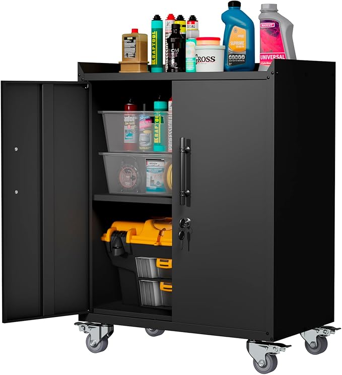 Storage Cabinet with Wheels,Locking Storage Cabinet with Drawer and Adjustable Shelf, Metal Cabinet,Rolling Tool Cabinets for Garage, Assembly Required (18.1" D x 30.3" W x 35.4" H)