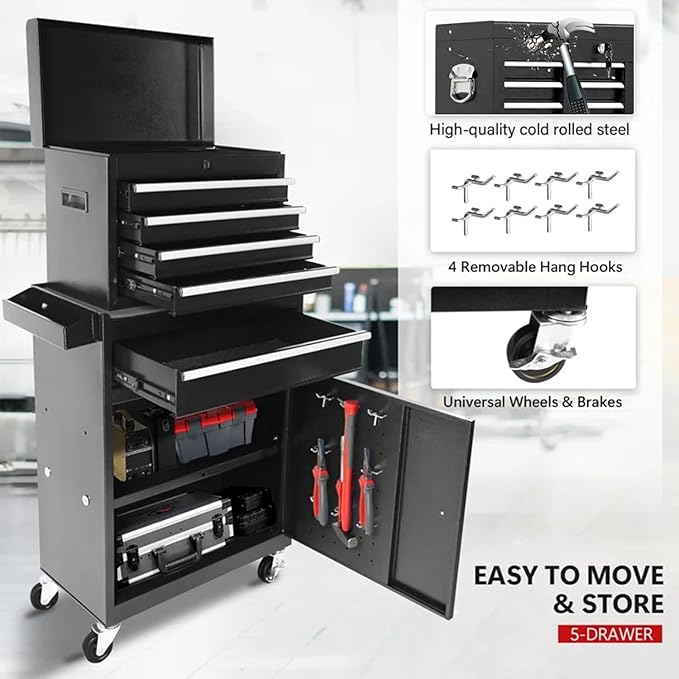 5 Drawers Rolling Tool Chest - Tool Box Organizer with Wheels and Drawers, Detachable Storage Cabinet with Lock for Garage Workshop, Black