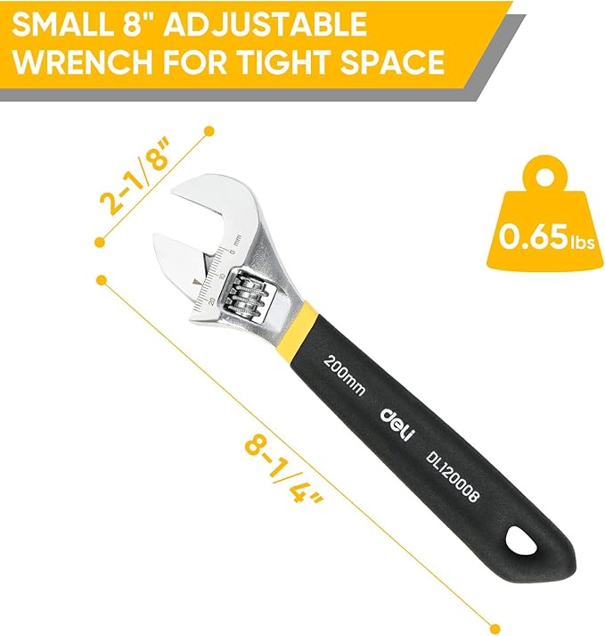 deli 8" Adjustable Wrench Heavy-Duty Chrome - Anti-Slip Grip, Smooth-Jaw, Cr-V Steel, Wide Opening for Plumbing & DIY