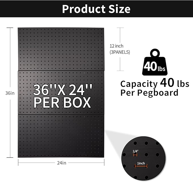 Pegboard Wall Organizer Metal Pegboard Panels Garage Peg Board Tool Organization, 3 Pack 24x12 inch Garage Peg Boards for Wall, Large Steel Black Pegboard Tool Board