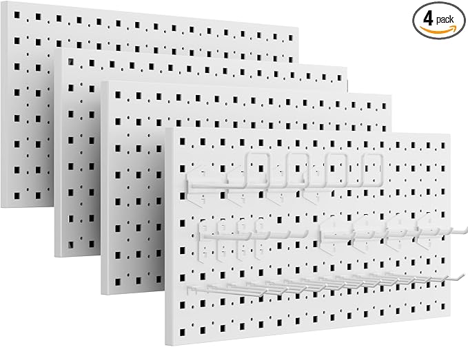 Peg Board, 4 Pack Metal Pegboard Panels Pegboards Wall Organizer with 24Pcs Hooks, Peg Board for Walls Garage Tool Storage Office Organization Kitchen Craft Room (White, 4PCS with 24 Hooks)