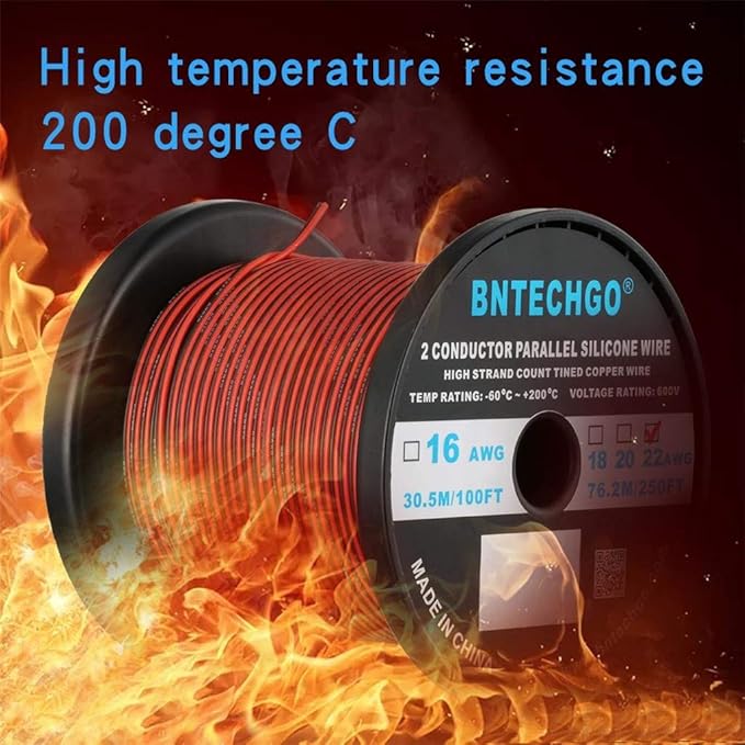 BNTECHGO 22 Gauge Flexible 2 Conductor Parallel Silicone Wire Spool Red Black High Resistant 200 deg C 600V for Single Color LED Strip Extension Cable Cord,Model,250ft Stranded Tinned Copper Wire