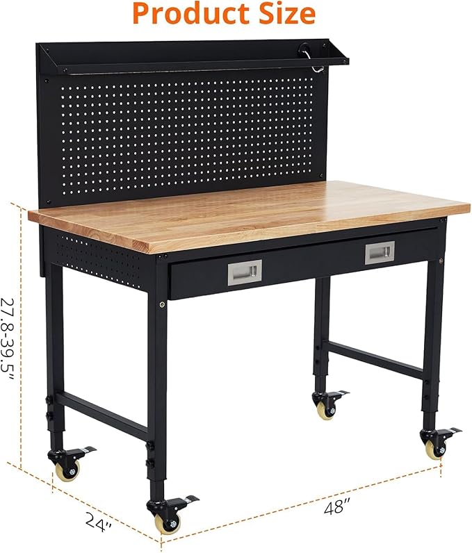 48x24 Inch Garage Workbench with Wheels, Adjustable Rubber Wood Top Garage Workbench with Power Outlet, 2000 Lbs Load Capacity, for Workshop, Woodworking, Office, Home.