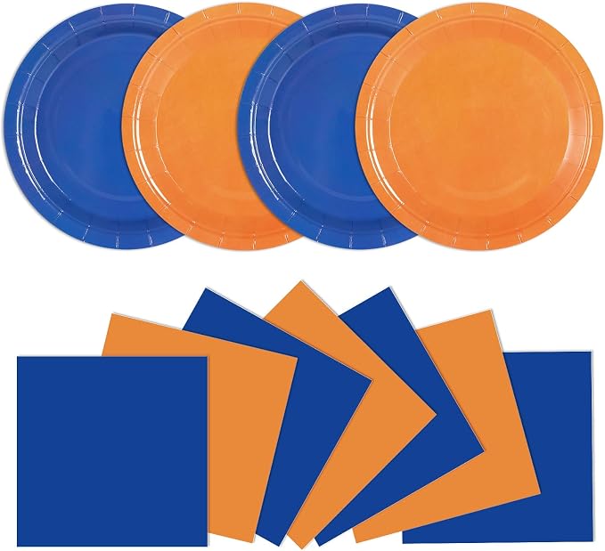 48Pcs Orange and Blue Paper Plates and Napkins Blue and Orange Party by Qyeahkj