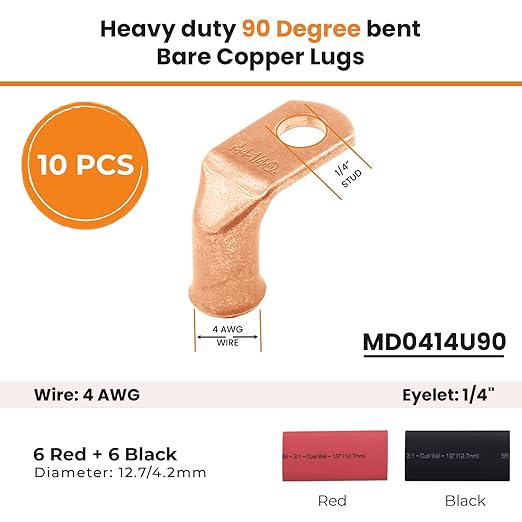 SELTERM 10pcs - 4 AWG 1/4" Stud - 90° Bent Battery Lugs - Ring Terminal Connectors with 12pcs 3:1 Black & Red 1/2" Heat Shrink Tubing - Heavy Duty Battery Cable Ends - Bare Copper Wire Connectors Kit